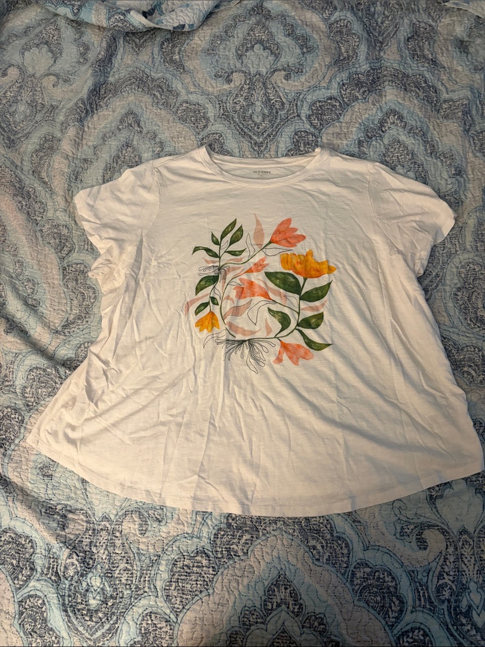Old Navy White Floral Short Sleeve Tee with Orange & Yellow Blooms